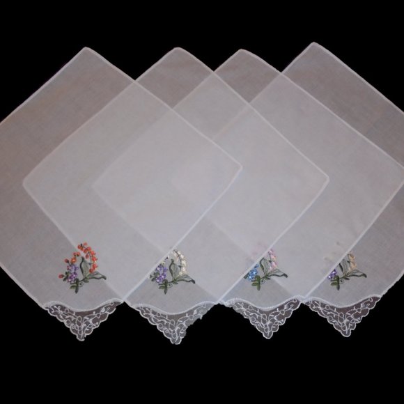 Handkerchiefs Set of 4 Embroidered Cotton 10.5" x 10.5" - Picture 1 of 4